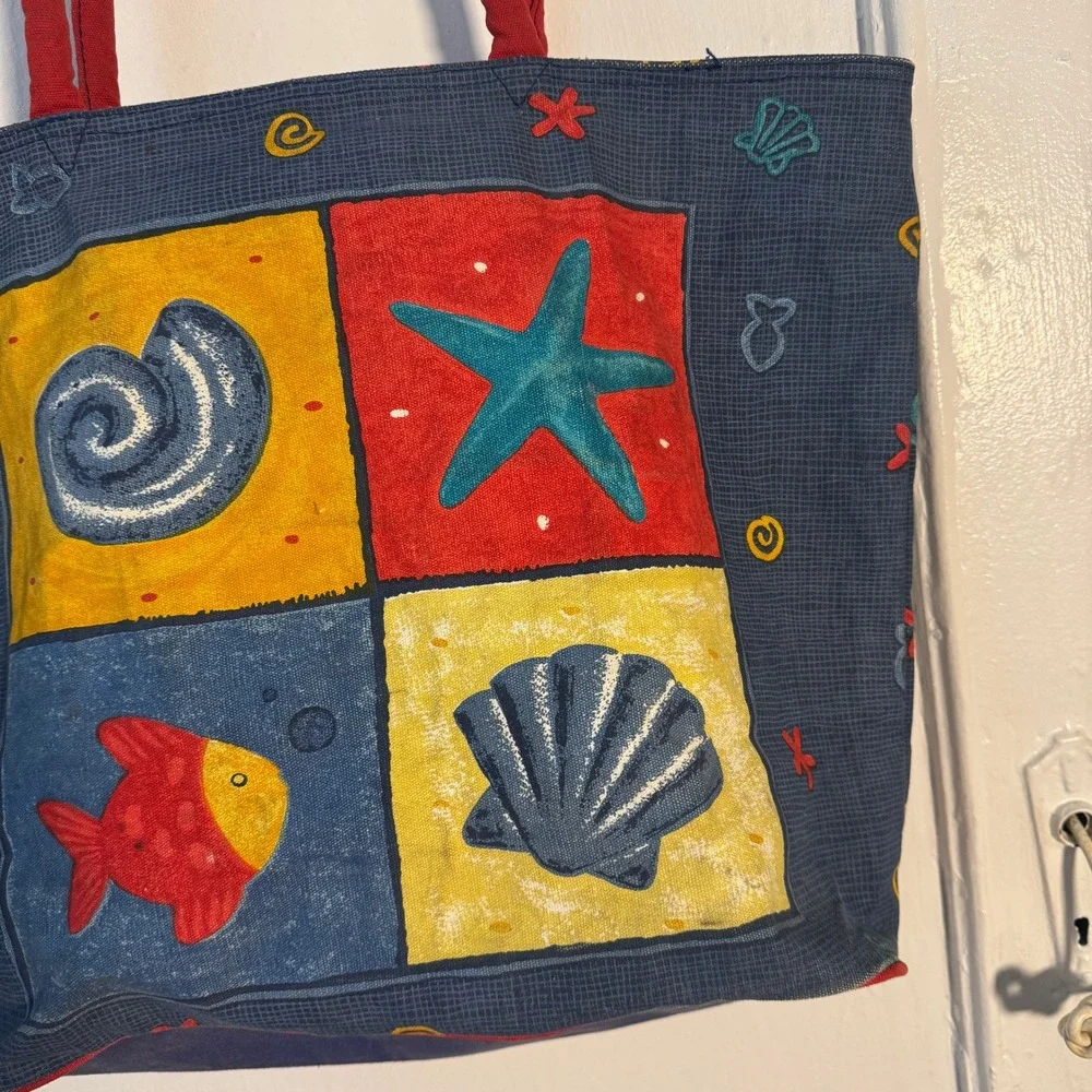 Vtg 90s Nautical Fish Canvas Tote Blue Red Beach Bag Wood Charm Maximalist Sea